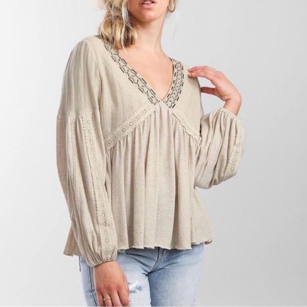 Miss Me Top Blouse Top Sz M Babydoll Embroidered Long Balloon Sleeves Bohemian